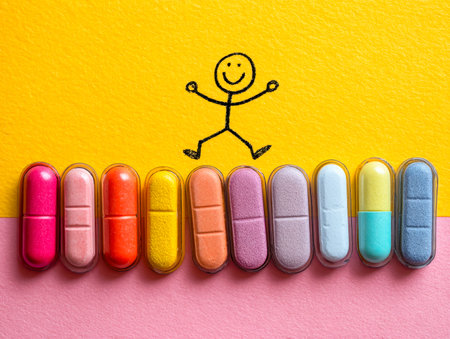 Brightly colored capsules line up against lively, patterned backgrounds, featuring a joyful stick figure sketch that adds a playful touch.の写真素材