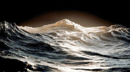 Roaring seas clash beneath a brooding storm sky, with a solitary mountain silhouette piercing the...