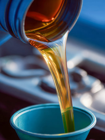 Rich, amber-colored oil gracefully streams into a vibrant blue funnel, ready for engine care amidst...