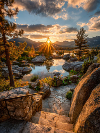 A tranquil ascent of weathered stone stairs guides the eye toward a calm mountain pond, bathed in warm sunset hues amid striking cloud formations and colorful lake reflectionの写真素材