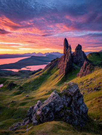 Towering stone spires emerge above verdant hills as a fiery sunset paints the sky, while distant...