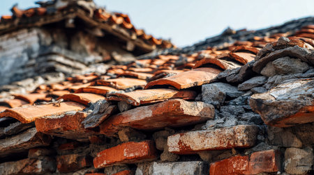 Weathered clay tiles and aged brickwork form a charming, textured roofscape that echoes centuries of craftsmanship and architectural history.の写真素材