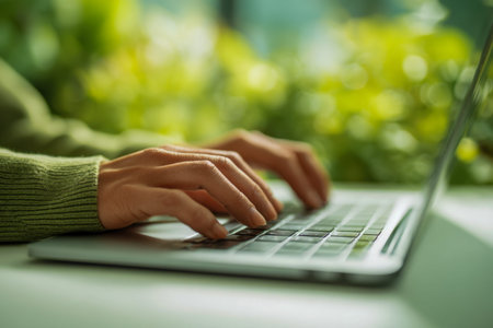A individual works on a portable device amid vibrant foliage, soaking in natural tranquility while engaging with digital tasks surrounded by greenery.の写真素材