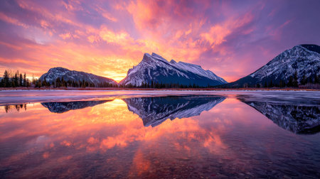 Dawn breaks over a tranquil mountain mirror, casting warm hues across swirling clouds, amid frosty peaks and lush woodland in a peaceful wilderness scene.の写真素材