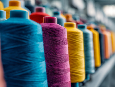 Brightly hued threads line a display shelf, their vivid blues, pinks, yellows, and oranges inviting...