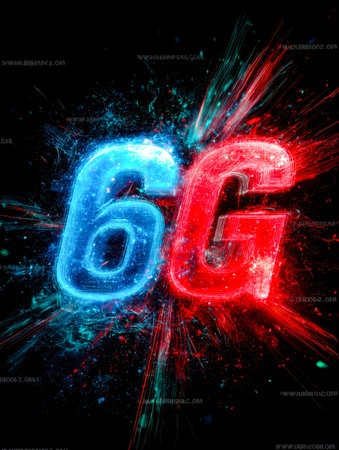 Bright neon icons representing advanced wireless networks pulse with energy, casting a vibrant glow...