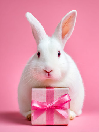 A sweet, fluffy white bunny holds a delicate pink present, set against a soft pink backdrop that...