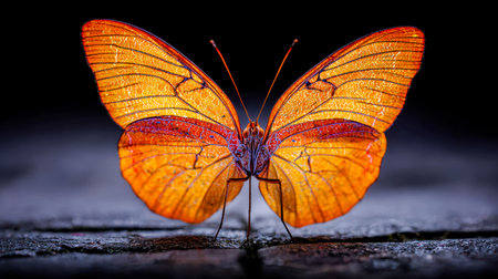 A vivid orange butterfly with intricate wing markings contrasts sharply against a dark backdrop, highlighting delicate textures and vibrant color.の写真素材