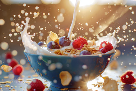 Beautiful cereals with raspberries and blueberries in morning light with milk splashの写真素材