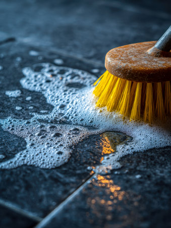A powerful scrubbing tool works on a glossy, wet surface, creating foam and shimmering reflections, highlighting thorough maintenance on a sleek dark tiled flooring.の写真素材