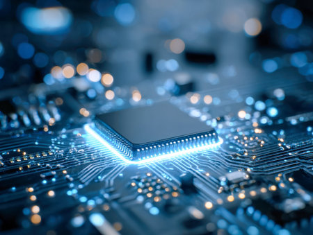 A luminous microcircuit radiates amidst an intricate array of electronic pathways, highlighted by...