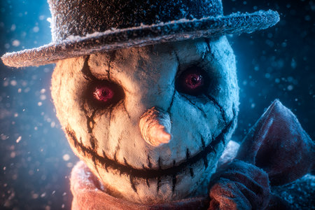 A sinister-looking snow figure with piercing luminous eyes and a jagged stitched grin stands amid snow-laden trees, creating an eerie winter atmosphere.の写真素材