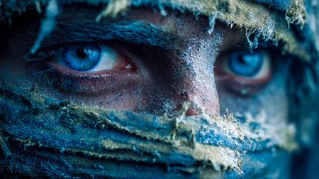 Gazing fiercely through worn camouflage with piercing blue eyes, this image captures resilience and...