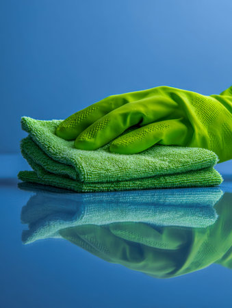 A lively green hand protector paired with a soft microfiber fabric, set on a shiny reflective...
