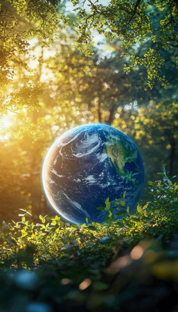 A vibrant globe nestled among lush greenery, dappled sunlight streams through canopy leaves, evoking...