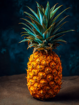 Juicy pineapple with lush green foliage rests on a textured surface, evoking tropical freshness and rustic charm.の写真素材