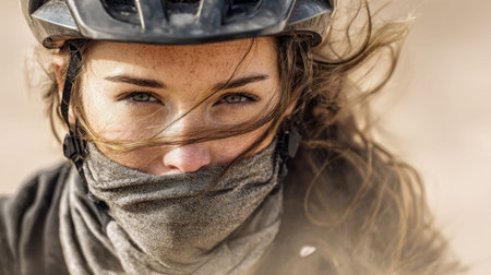 An explorer gear enthusiast gazes into the wild, her protective helmet and face veil blending with...