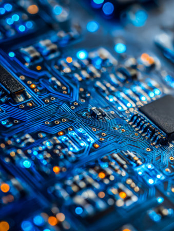 An intricate, vivid blue circuitry landscape brimming with illuminated chips and microcomponents,...