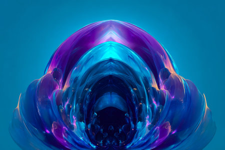 A vivid, fluid composition of glass art featuring swirling gradients of deep blue and violet,...