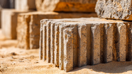 Sunlit rays highlight the rough surface of a weathered brick wall, its textured details casting subtle shadows on the soft, granular sand beneath.の写真素材
