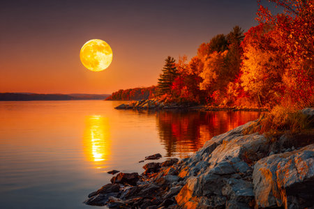 A peaceful fall dusk bathes the landscape in soft hues, as a glowing moon casts a shimmering mirror image on the still waters along the quiet shoreline.の写真素材
