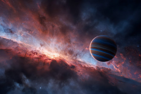 A breathtaking cosmic spectacle featuring a luminous, multicolored planet with vivid atmospheric...