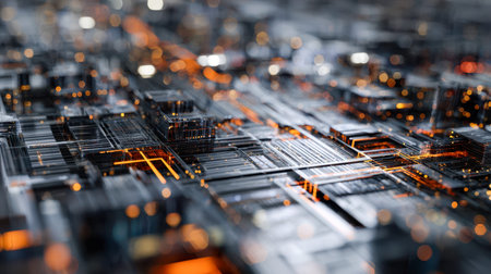 A luminous city environment featuring sharp, glowing shapes and soft, blurred light orbs that evoke...