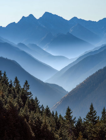 Majestic mountain tiers draped in lush woodland, bathed in soft dawn mist that blends into tranquil...