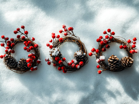 Cozy holiday decoration featuring circular arrangements adorned with pinecones and vibrant red berries, resting on a wintry snowy backdrop that evokes seasonal cheer.の写真素材