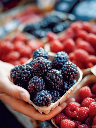 Juicy, dark blackberries spill over a woven basket at a bustling outdoor market, surrounded by...