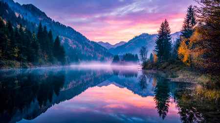 Dawn casts a soft glow over tranquil waters, mirroring fiery autumn leaves and a sky painted with...