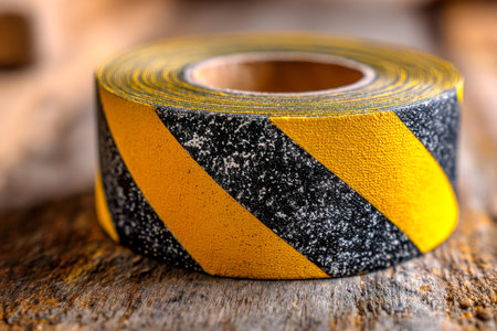 A tightly coiled black and yellow striped tape rests on weathered wood, its rugged texture and bold...