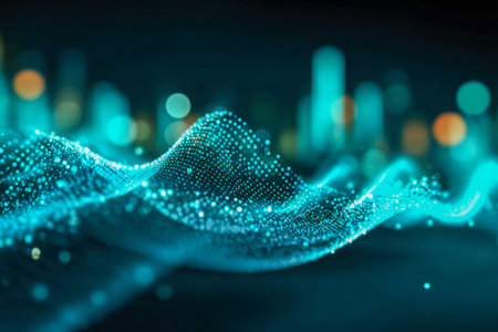 A vibrant blue network of glowing particles forms a dynamic wave pattern, illuminated by soft light...