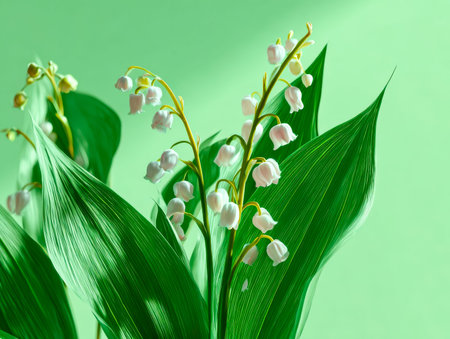 Delicate white bell-shaped blooms with lush green foliage contrast softly against a muted green...