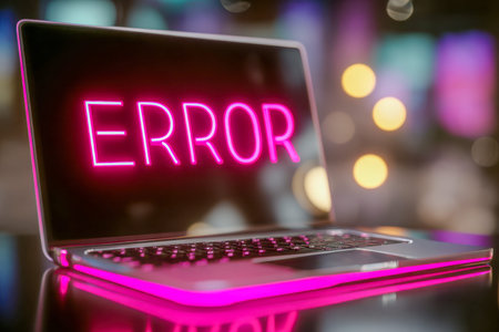 A sleek laptop illuminated by intense pink glow showcases a bright, flashing alert in bold neon...
