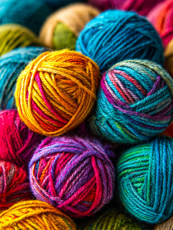 A lively array of dyed yarns in bold shades, arranged in a charming display ideal for inspiring creative knitting or crochet endeavors.の写真素材