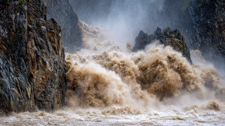 A tumultuous cascade plunges fiercely between jagged cliffs, whipping up thick spray and energizing...