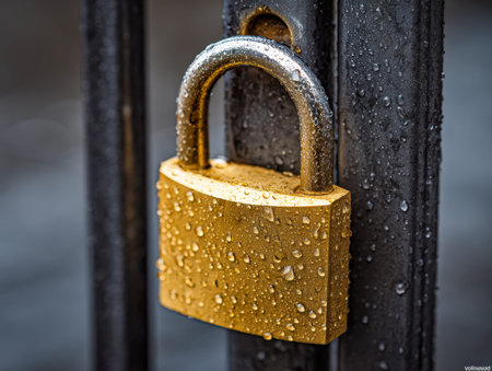 A shimmering gold lock, dotted with rain, fastening a sturdy black gate amid a gloomy, wet outdoor setting, evoking security and resilience during a storm.の写真素材