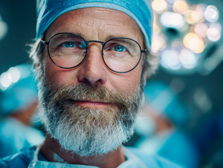 A seasoned medical professional with glasses and a beard exudes focus and assurance as he surveys the operating theater during a vital surgical intervention.のeditorial素材