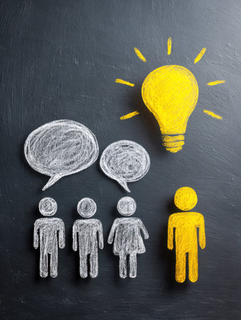 A vibrant chalk illustration depicting collaborative brainstorming, where one person sparks...