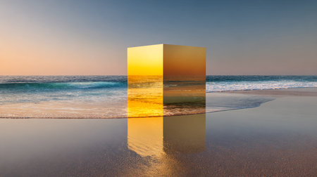 A luminous, angular structure casts a shimmering glow on the wet sand as the sun dips below the...