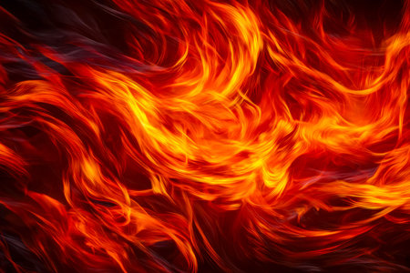 Luminous tendrils of intense heat spiral and dance in a vivid display of oranges, reds, and yellows,...