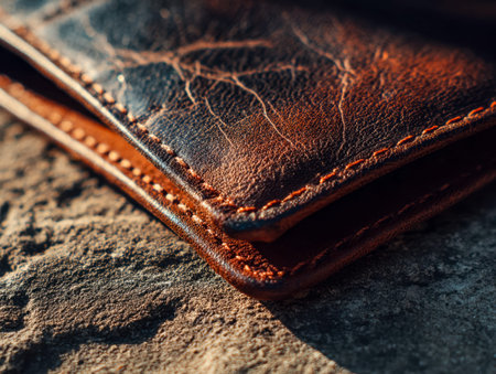 A worn leather accessory with intricate stitchwork rests on rough, patterned surface, conveying a...