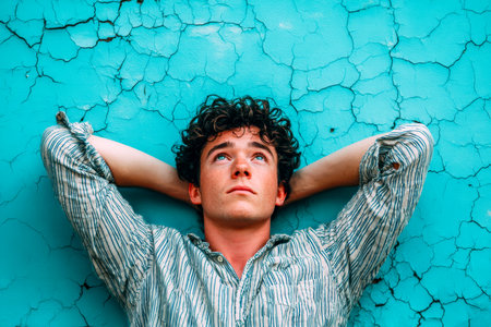 Pensive expression meets a striking blue backdrop, creating a perfect blend of introspection and vibrant energy. Ideal for thoughtful themes.のeditorial素材