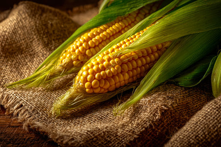 Vibrant yellow corn nestled in natural green husks, resting on textured, earthy fabric, evoking...