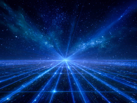 A sleek, neon-lit realm featuring a shimmering grid stretching into the horizon beneath a luminous, starry azure sky, evoking a visionary digital universe.の写真素材