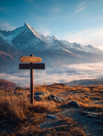 A winding mountain path leads to a rustic wooden marker, offering a breathtaking vantage point above a swirling blanket of clouds and distant peaks.の写真素材