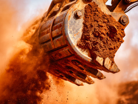 A rugged excavator arm drenched in dirt lifts a load of earth, shaping progress at a bustling...