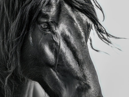 A striking monochrome portrait showing a noble Equine with a billowing mane, emphasizing its...