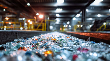 Vibrant glass debris moves along a steel conveyor in a spacious warehouse, illuminated by bright...